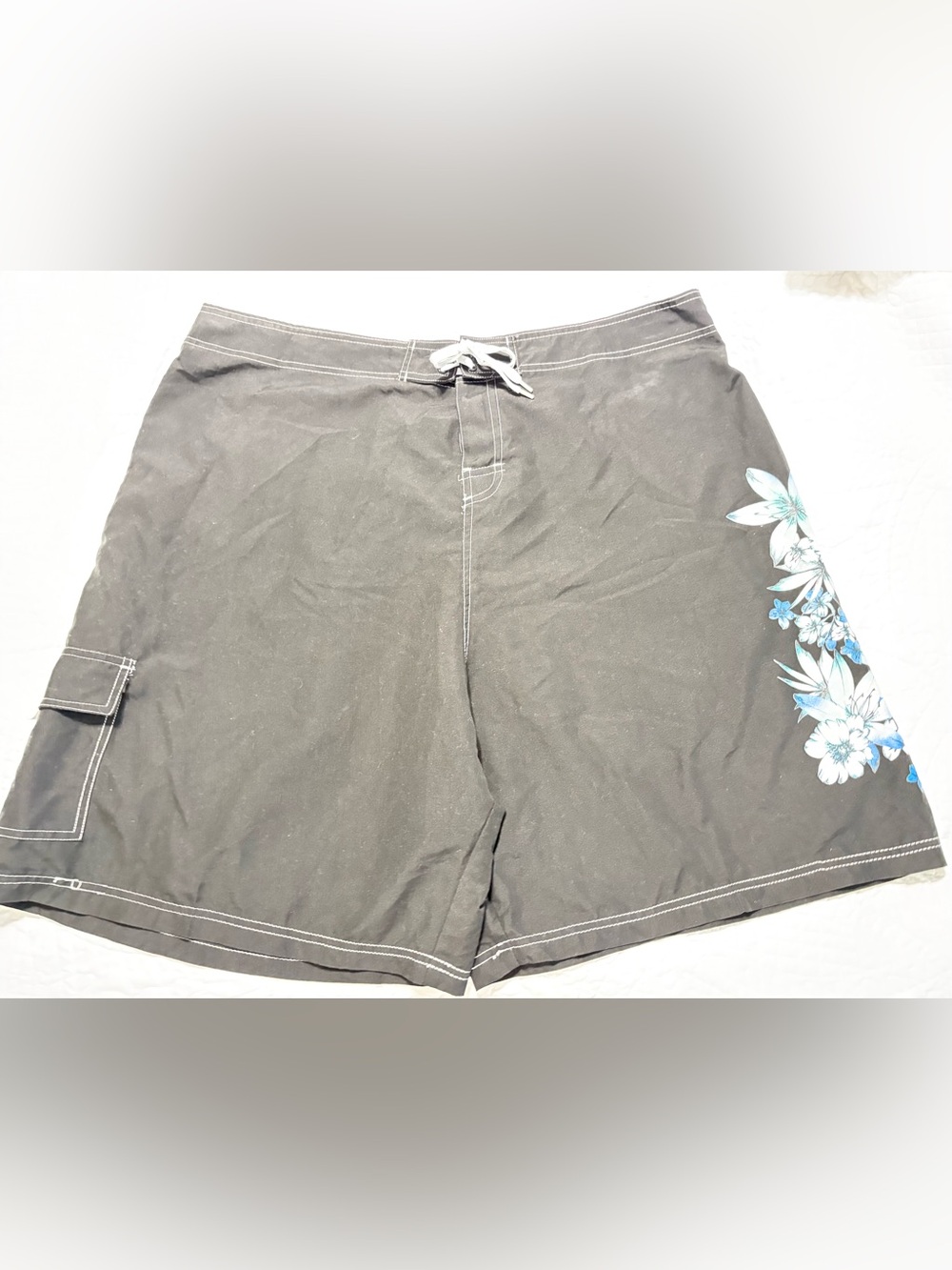 Swimsuits For All Black Board Shorts with Blue Floral Side